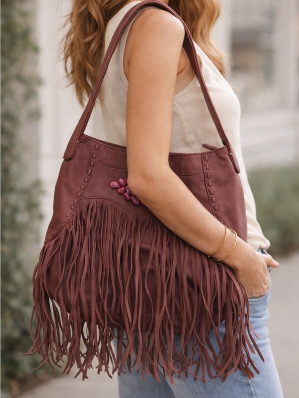 Lucky Brand Burgundy Fringe Shoulder Bag